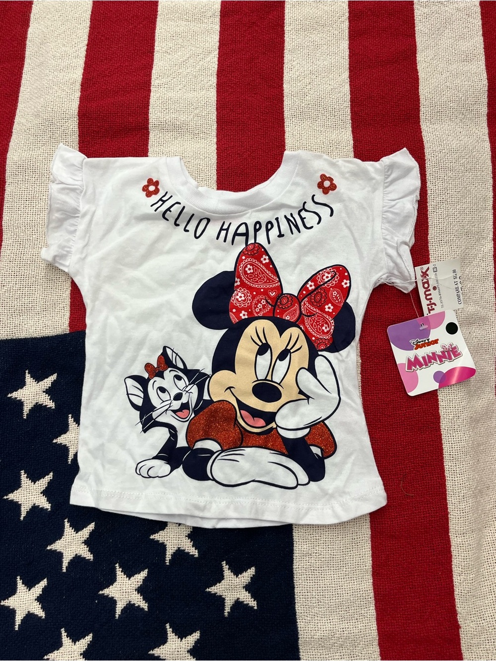 Disney White Minnie Mouse "Hello Happiness" Tee with Red Bow Size 18 Months NWT